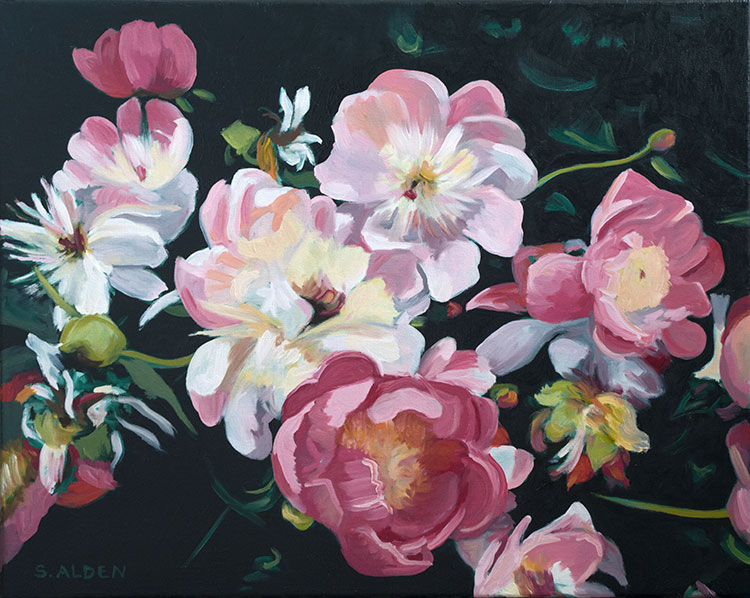 Harmony, flower oil painting, a cascade of pink peonies on a dark green background.