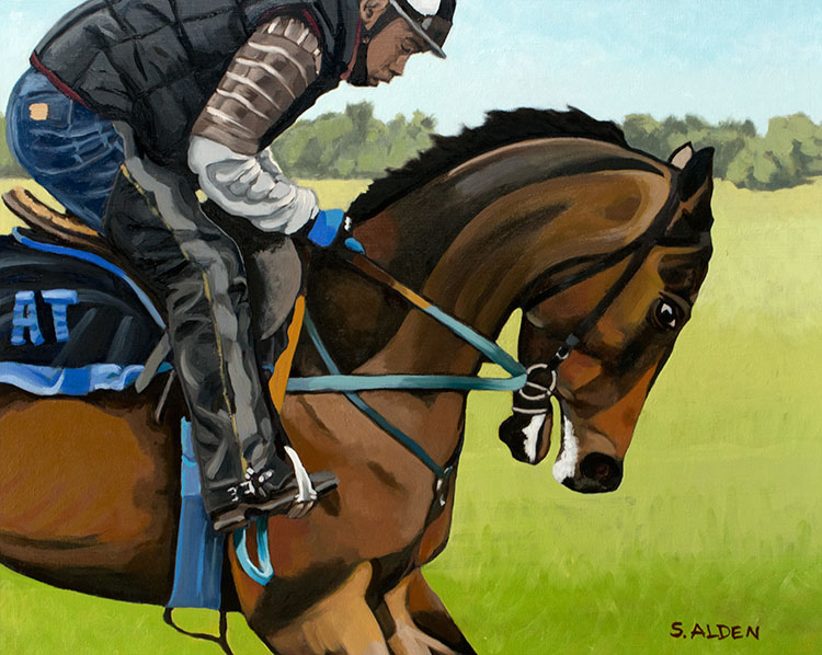 Original fine art race horse oil painting, title: Breezing, by Sheila Alden