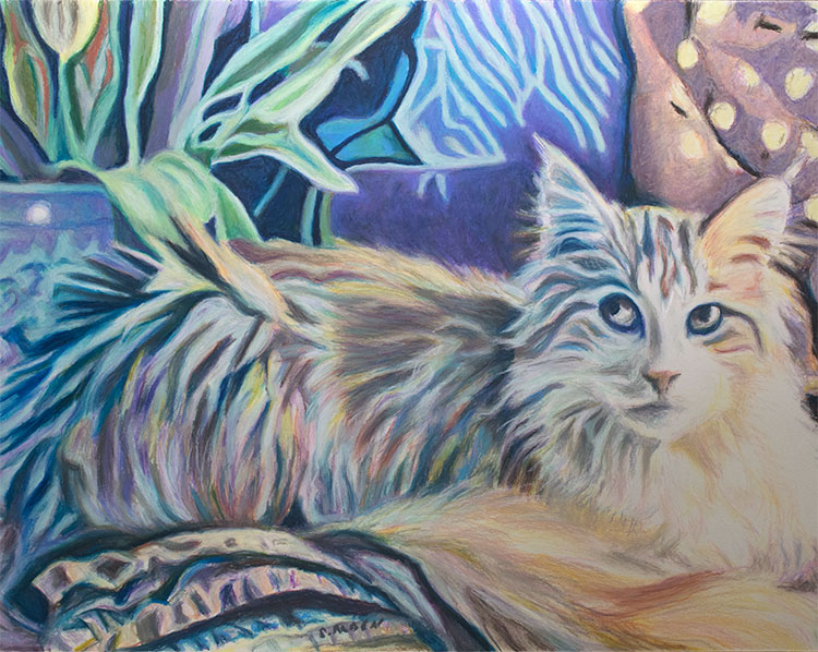 The Orange Cat, oil pastel painting of an orange Maine Coon cat, by artist Sheila Alden.