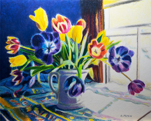 Surprise! Oil pastel painting of tulips in a vase.
