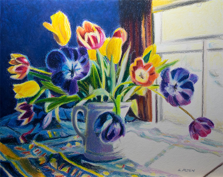 Surprise! Oil pastel painting of a vase full of colorful tulips.