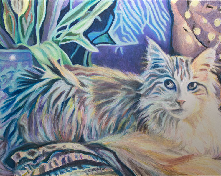 The Orange Cat, a fine art oil pastel painting of a Maine Coon cat, by Sheila Alden.