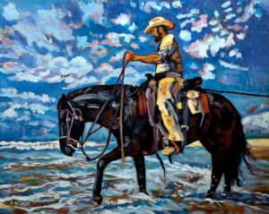 Western horse oil painting, rider and horse moving along the ocean shore towing an unseen boat.