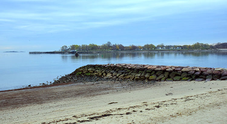 Photograph of the break water at the beach at Independence Park. The stones are banded with the life between air and water.